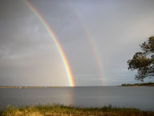 湖面に映る虹、匠作業風景（服が虹色）
